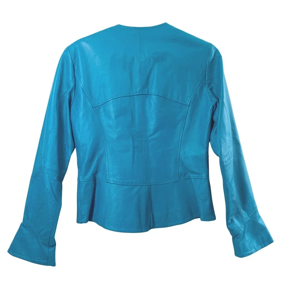 Shape FX Turquoise Blue Genuine Leather Jacket Womens Sz 8 Full Zip Flared Cuffs - Picture 2 of 11